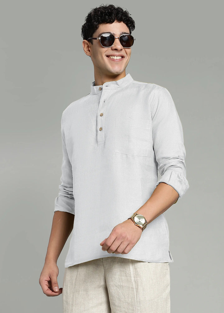Samir - Pure Linen Full Sleeve Short Kurta Shirt with Cuff - White