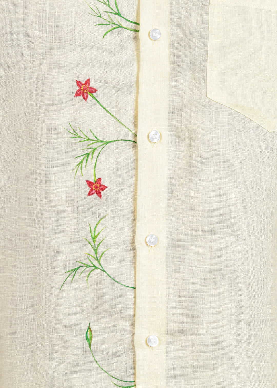 Hand-Painted Chethi - Pure Linen Half Sleeve Mandarin Collar Shirt - Light Yellow