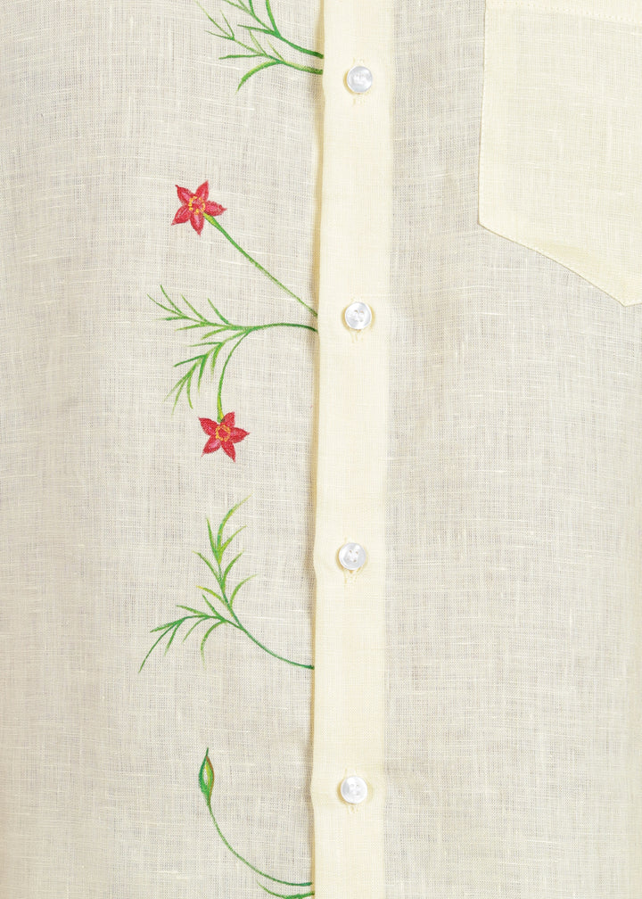 Hand-Painted Chethi - Pure Linen Half Sleeve Mandarin Collar Shirt - Light Yellow
