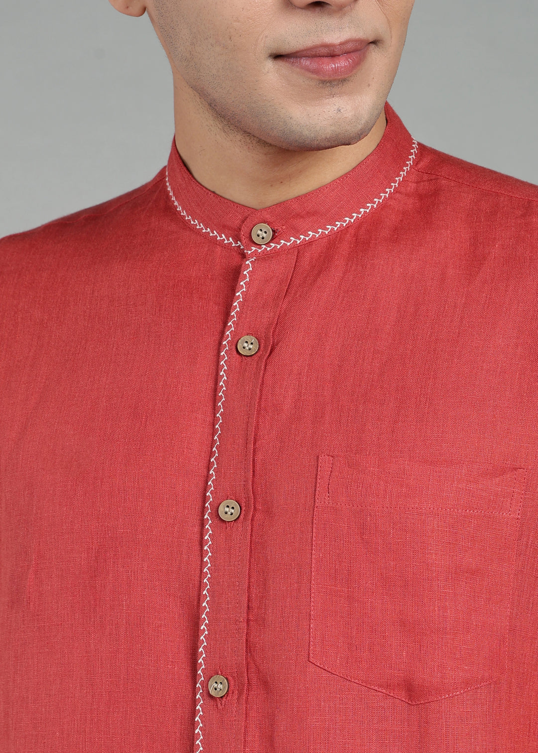 Oram - Pure Linen Full Sleeve Shirt - Terracotta Red