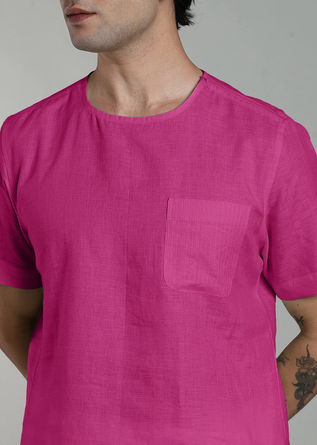 Simon - Pure Linen Stitch Detail Short Sleeve T-Shirt - Raspberry Pink