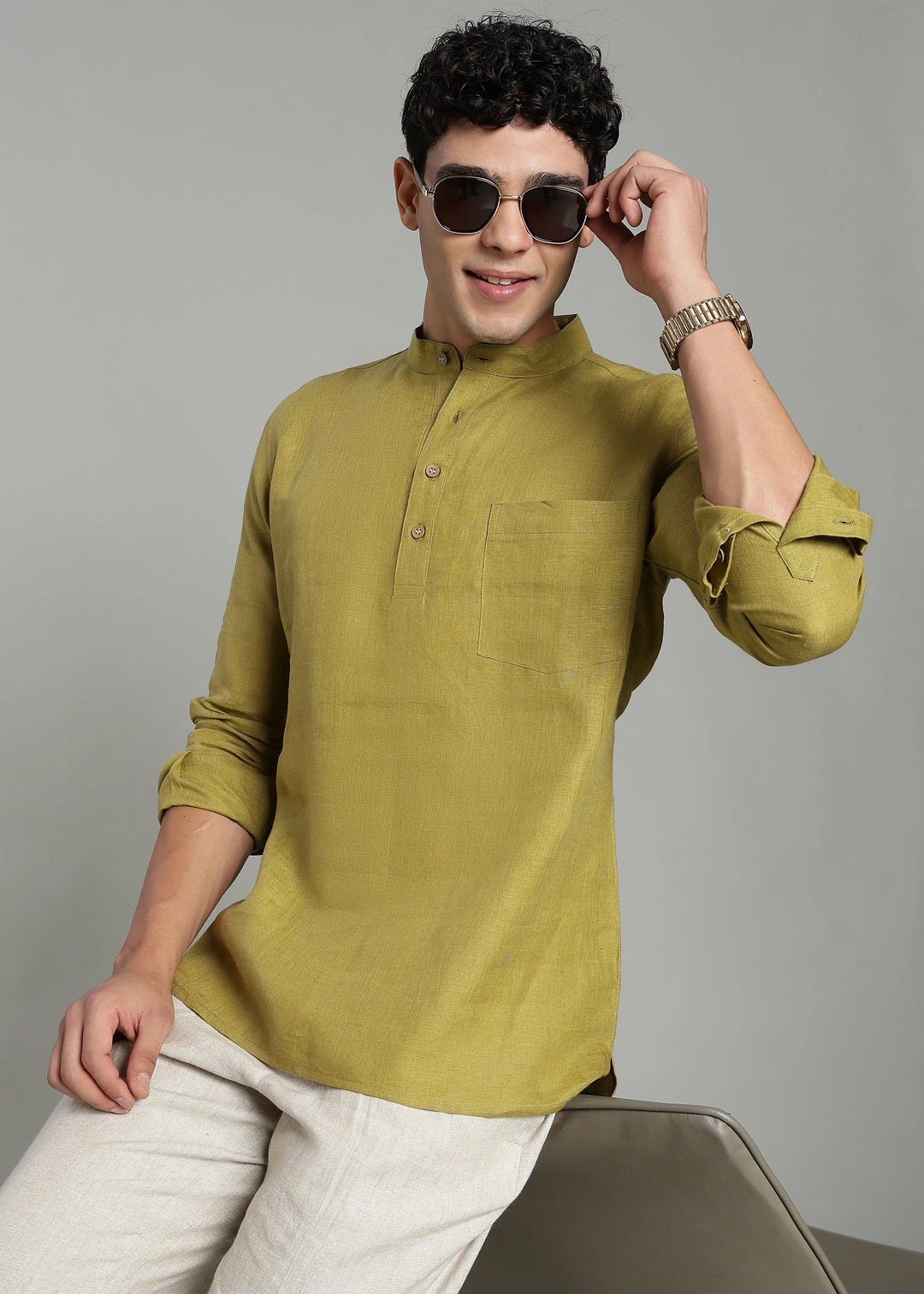 Samir - Pure Linen Full Sleeve Short Kurta Shirt with Cuff - Sap Green
