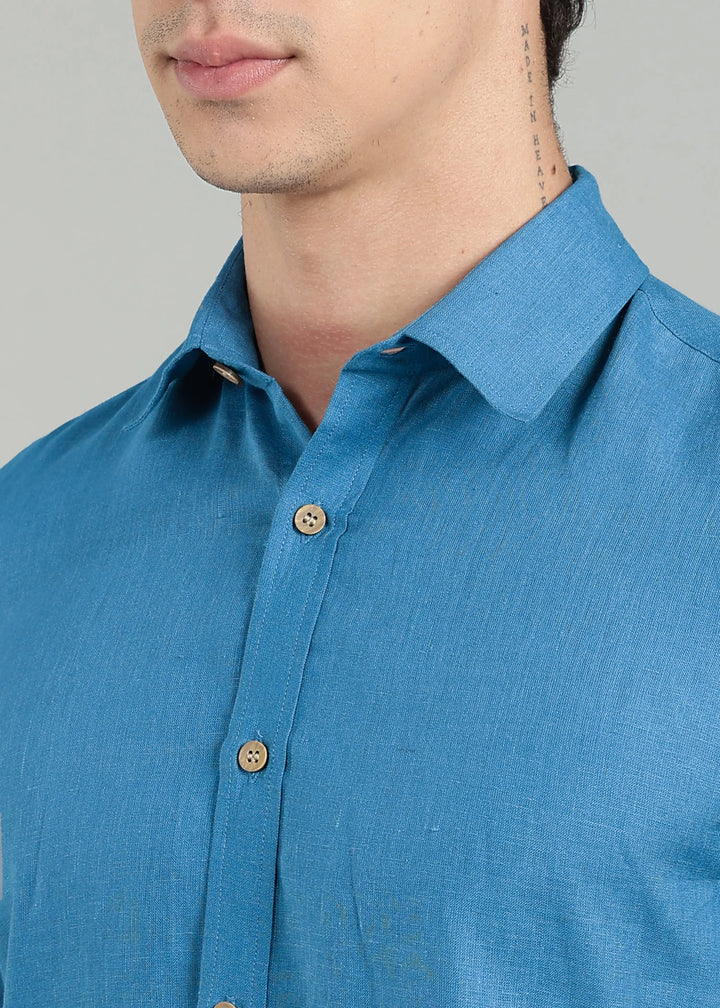 Ron - Pure Linen Full Sleeve Shirt - Swedish Blue