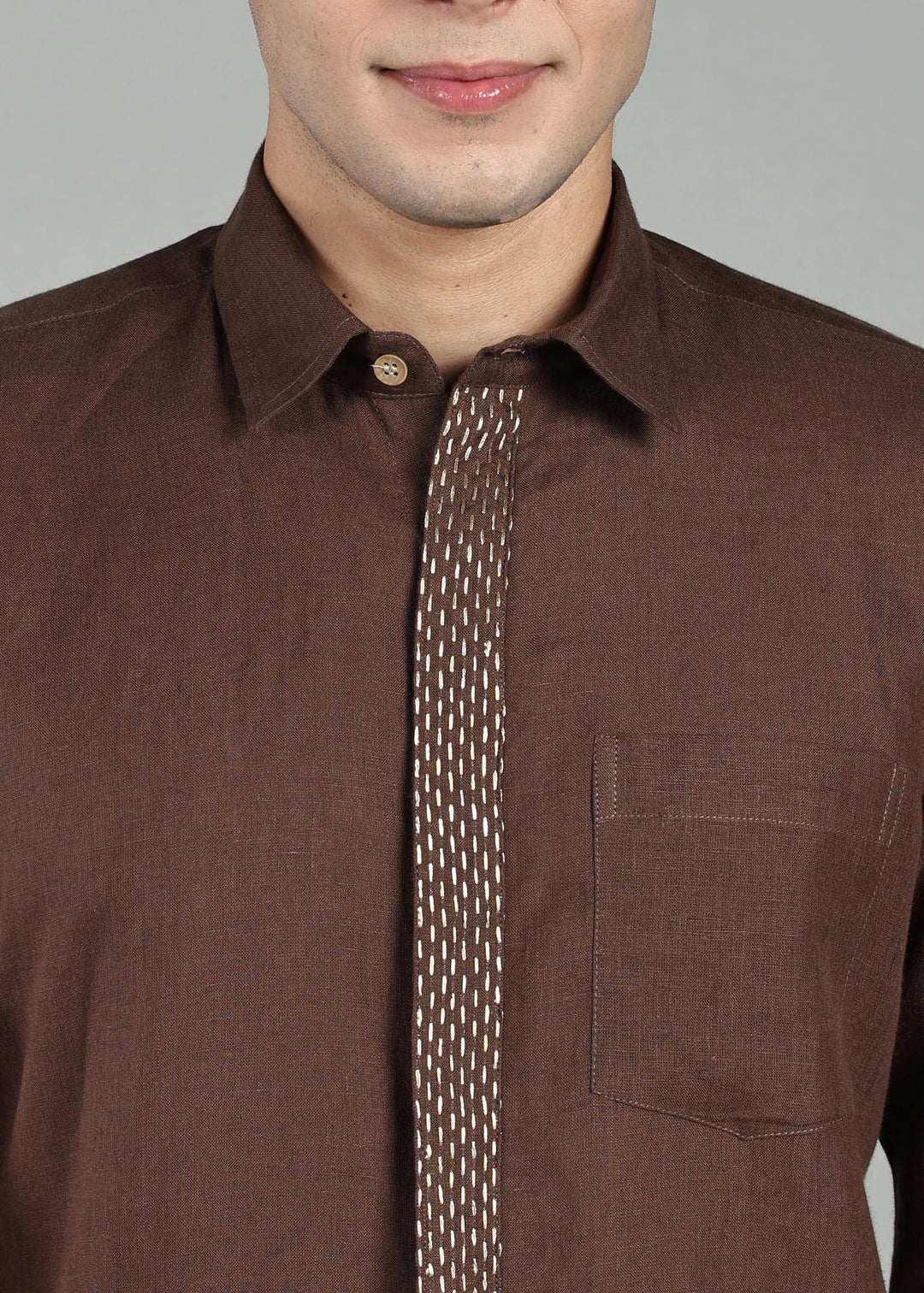 Grove - Full Sleeve Shirt with Hand Embroidered Concealed Placket - Coffee Brown