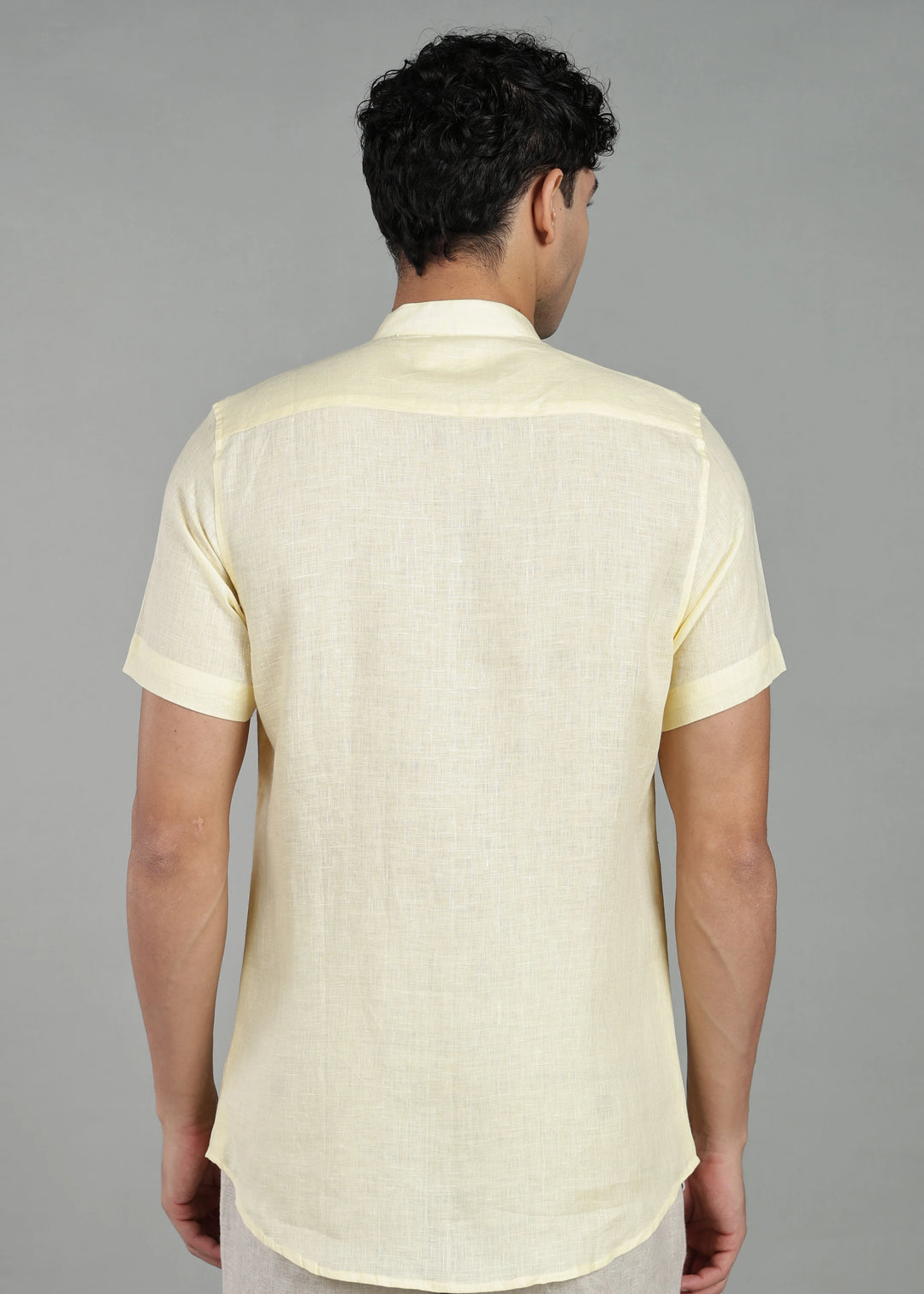 Hand-Painted Chethi - Pure Linen Half Sleeve Mandarin Collar Shirt - Light Yellow