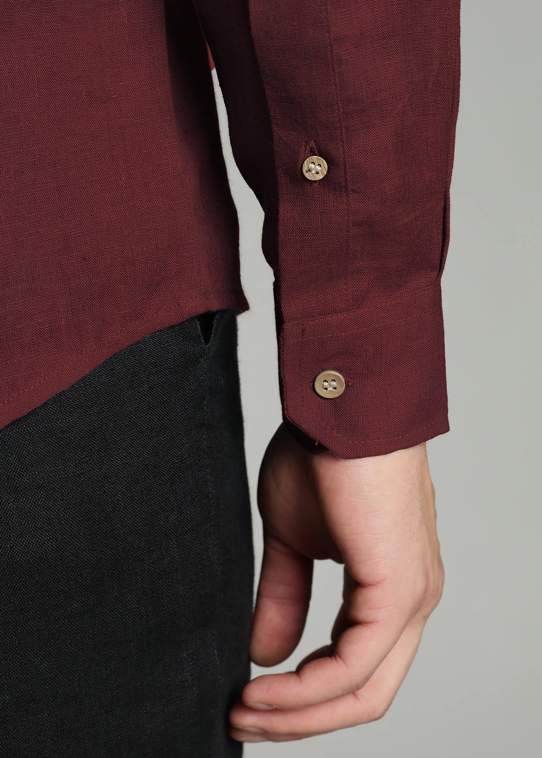 Aaron - Pure Linen Mandarin Collar Full Sleeve Shirt With Front Pocket - Red Wine