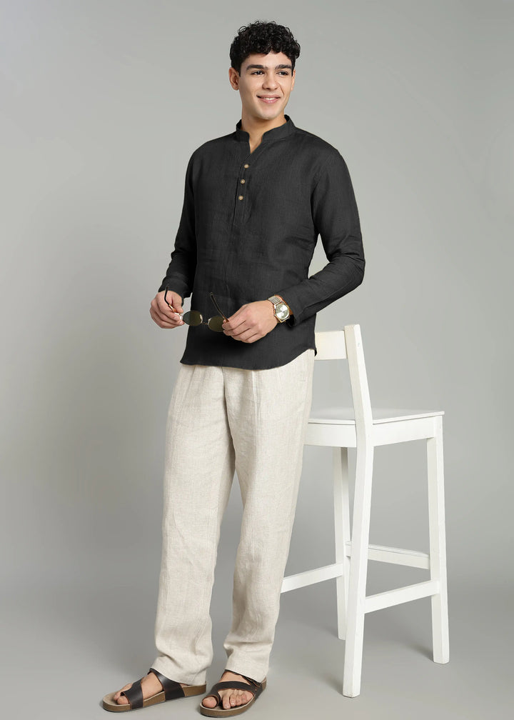 Zaeden - Pure Linen V Neck Full Sleeve Short Kurta Shirt - Black