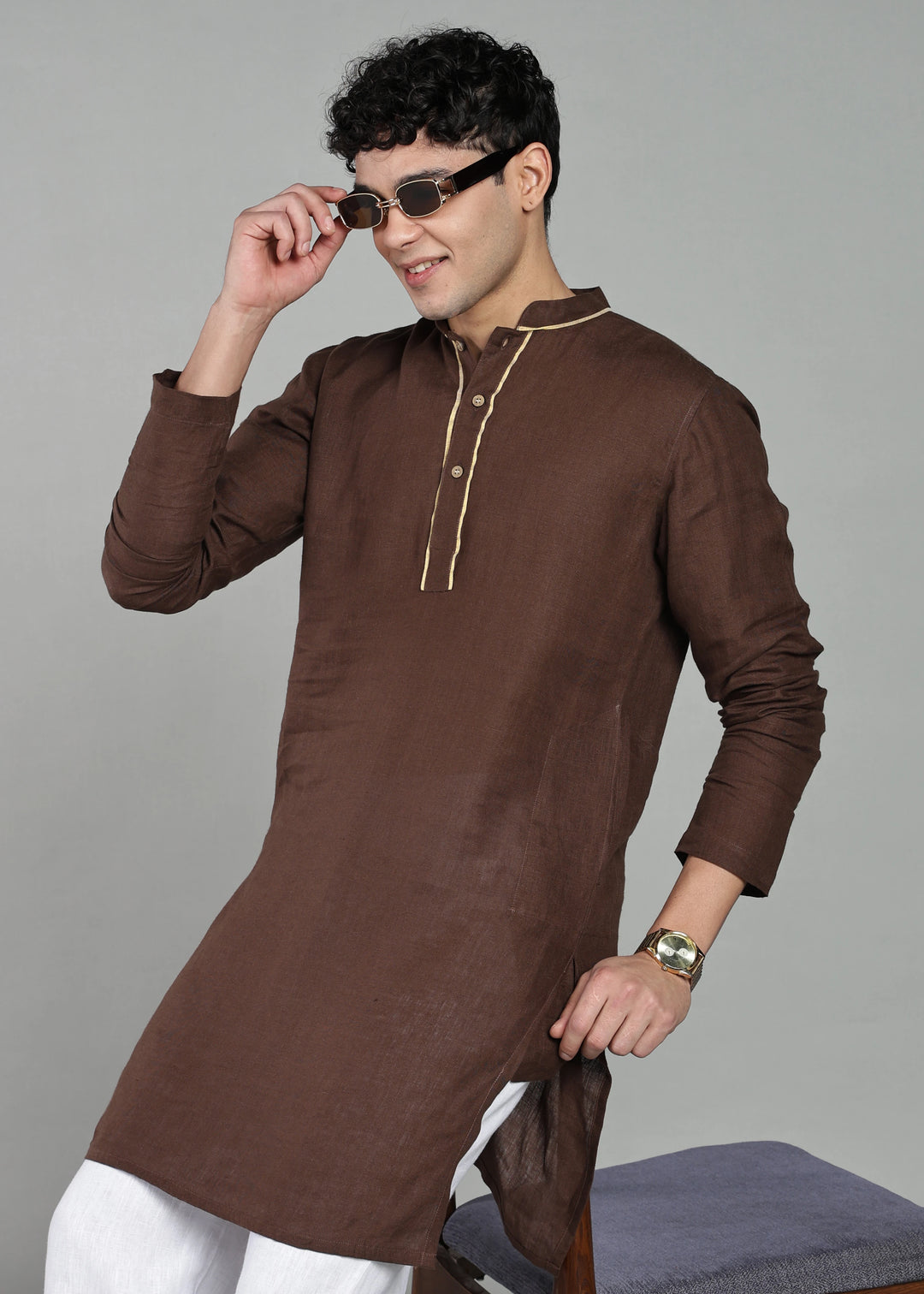 Tantu - Full Sleeve Mandarin Collar Pure Linen Mid Kurta With Kasavu Inset Detail - Coffee Brown