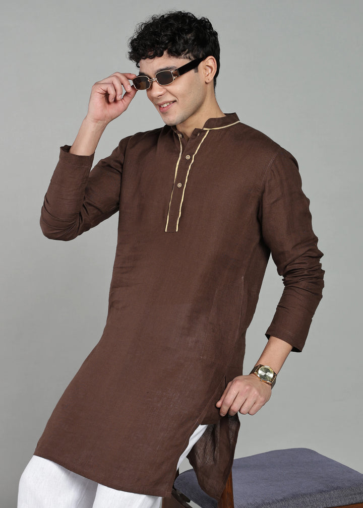 Tantu - Full Sleeve Mandarin Collar Pure Linen Mid Kurta With Kasavu Inset Detail - Coffee Brown