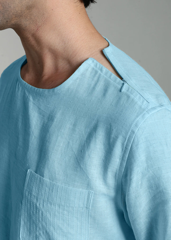 Simon - Pure Linen Stitch Detail Short Sleeve T-Shirt - Alaskan Blue