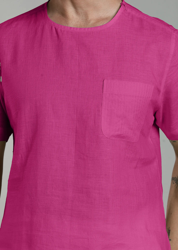 Simon - Pure Linen Stitch Detail Short Sleeve T-Shirt - Raspberry Pink