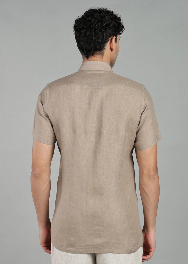 Touch Me Not - Pure Linen Half Sleeve Hand Embroidered Shirt - Stone Brown