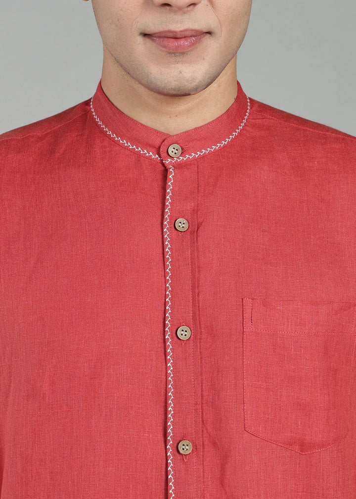 Oram - Pure Linen Full Sleeve Shirt - Terracotta Red
