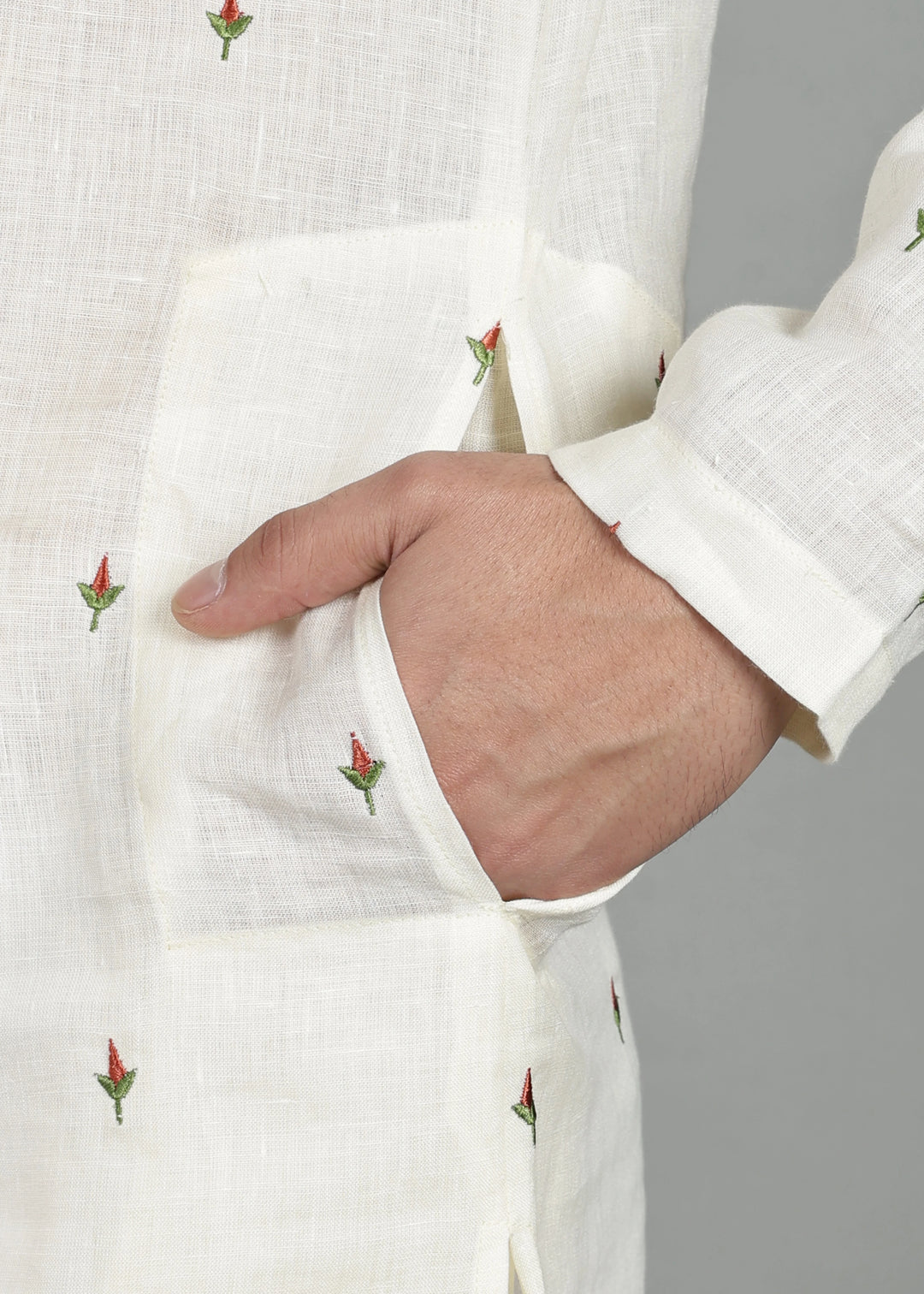 Kathir - Full Sleeve Mandarin Collar Pure Linen Embroidered Mid Kurta - Red on Creme White