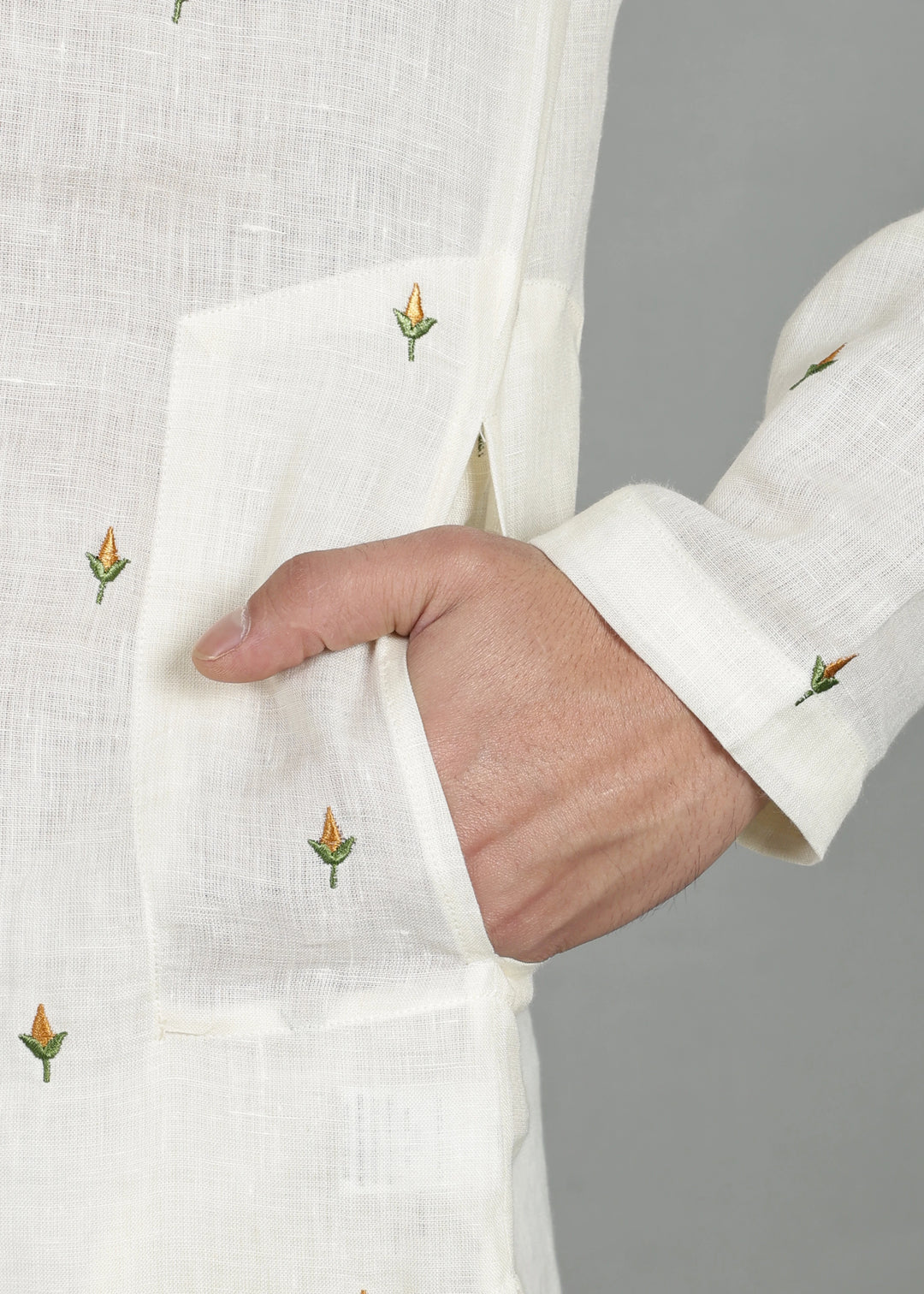 Kathir - Full Sleeve Mandarin Collar Pure Linen Embroidered Mid Kurta - Yellow on Creme White