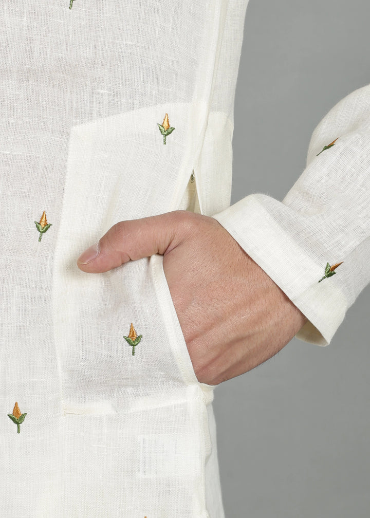 Kathir - Full Sleeve Mandarin Collar Pure Linen Embroidered Mid Kurta - Yellow on Creme White