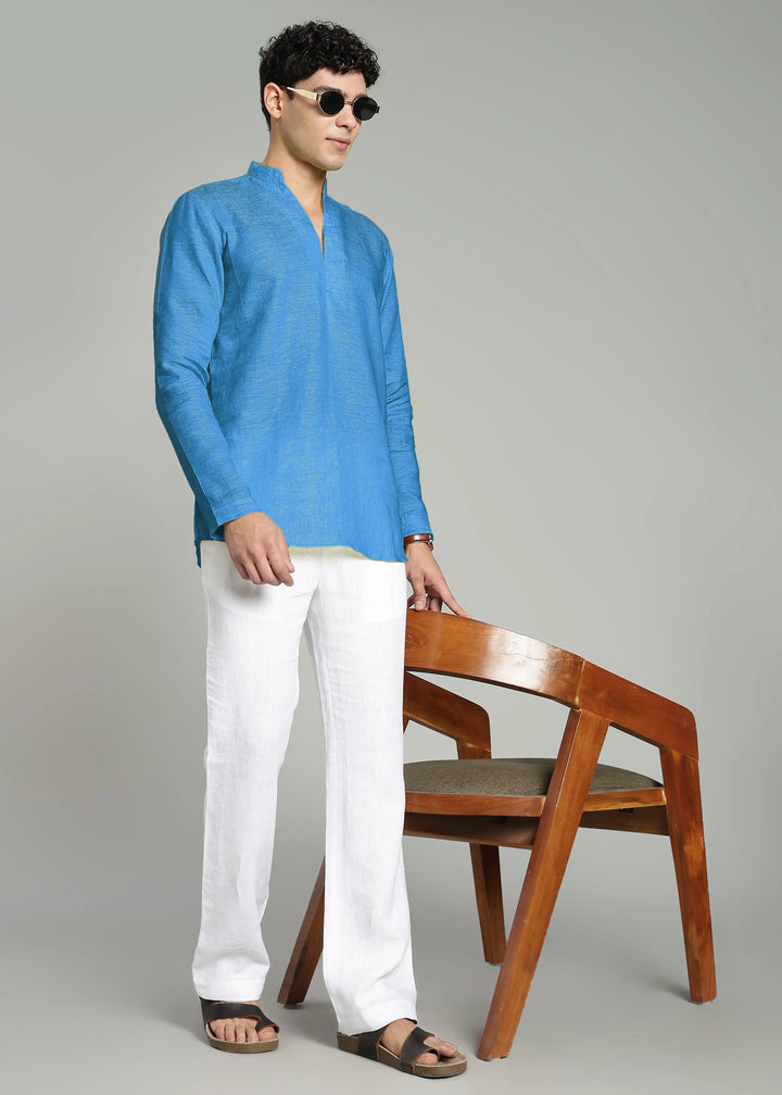 Arnav - Full Sleeve Broad-Notched Collar Pure Linen Short Kurta - Swedish Blue