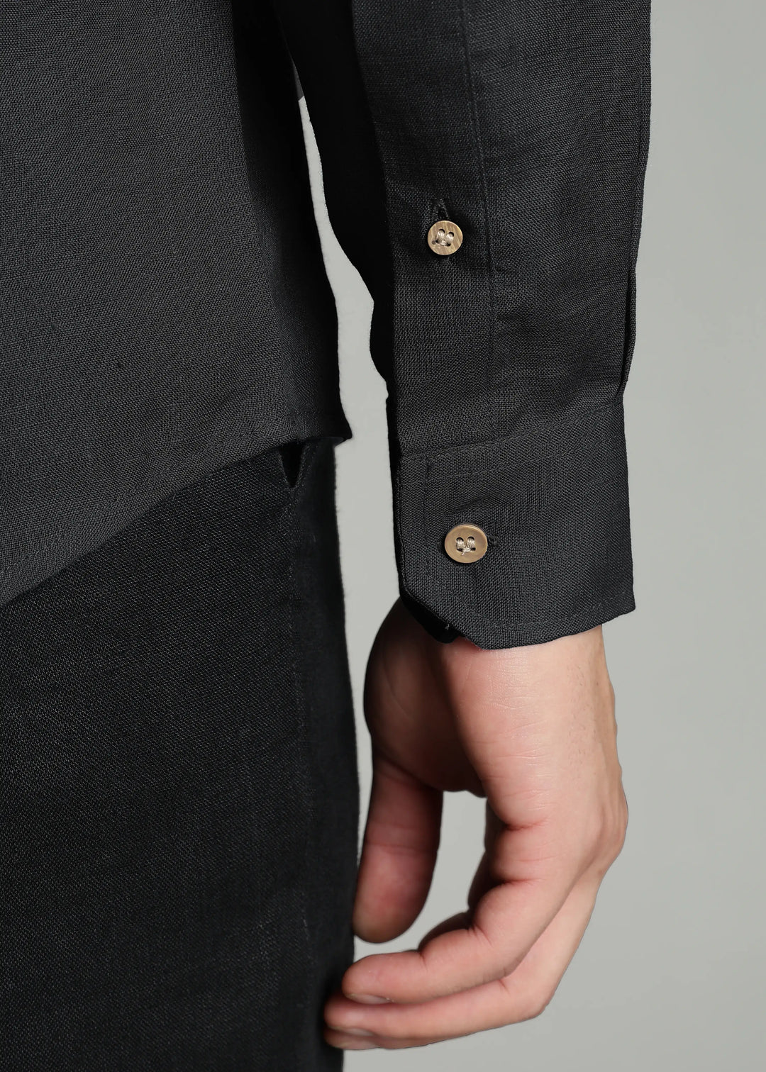 Aaron - Pure Linen Mandarin Collar Full Sleeve Shirt With Front Pocket - Black