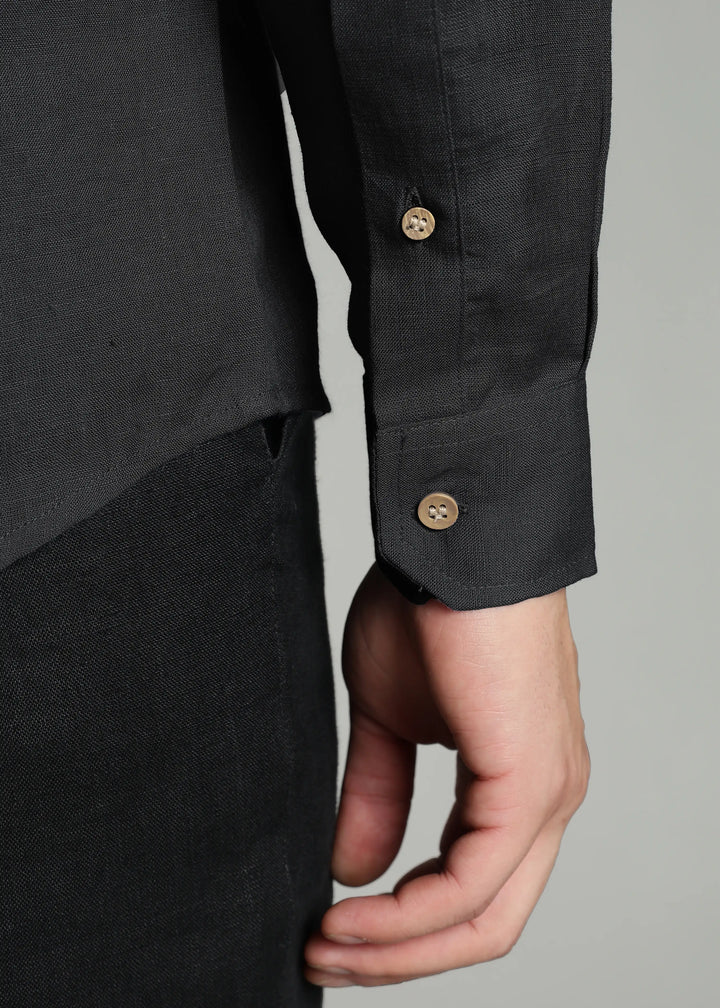 Aaron - Pure Linen Mandarin Collar Full Sleeve Shirt With Front Pocket - Black