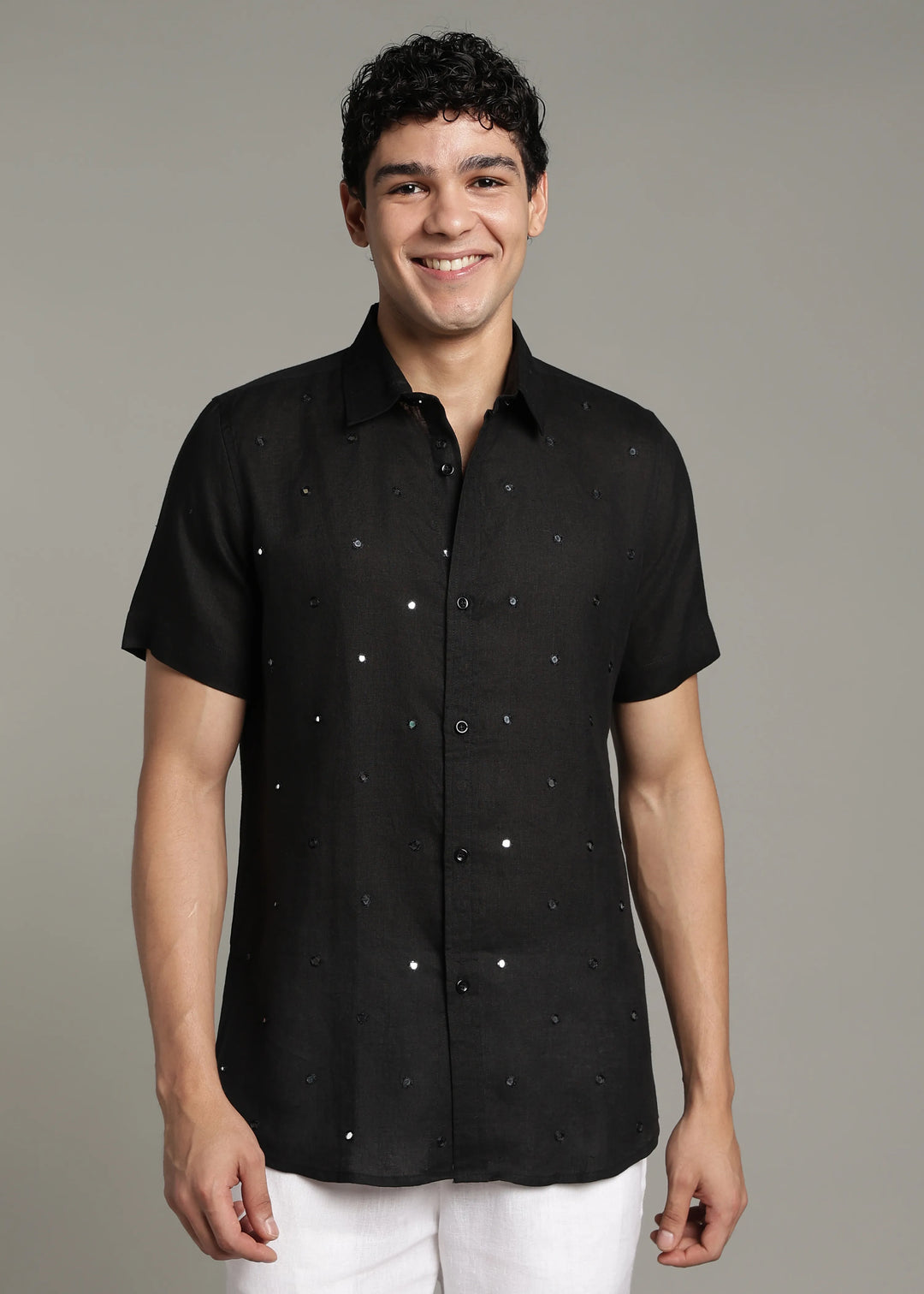 Aaina - Pure Linen Mirror Embroidered Half Sleeve Shirt - Black