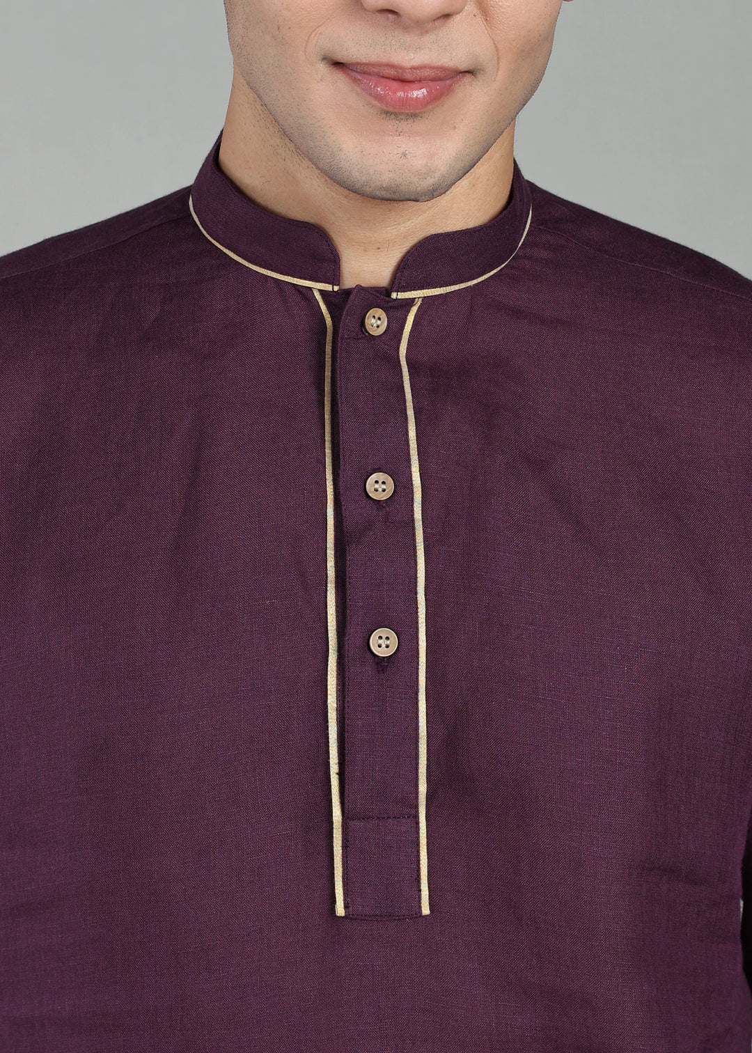 Tantu - Full Sleeve Mandarin Collar Pure Linen Mid Kurta With Kasavu Inset Detail - Dark Purple