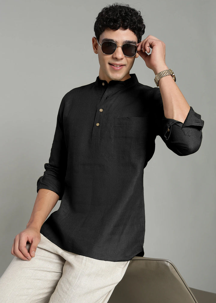 Samir - Pure Linen Full Sleeve Short Kurta Shirt with Cuff - Black
