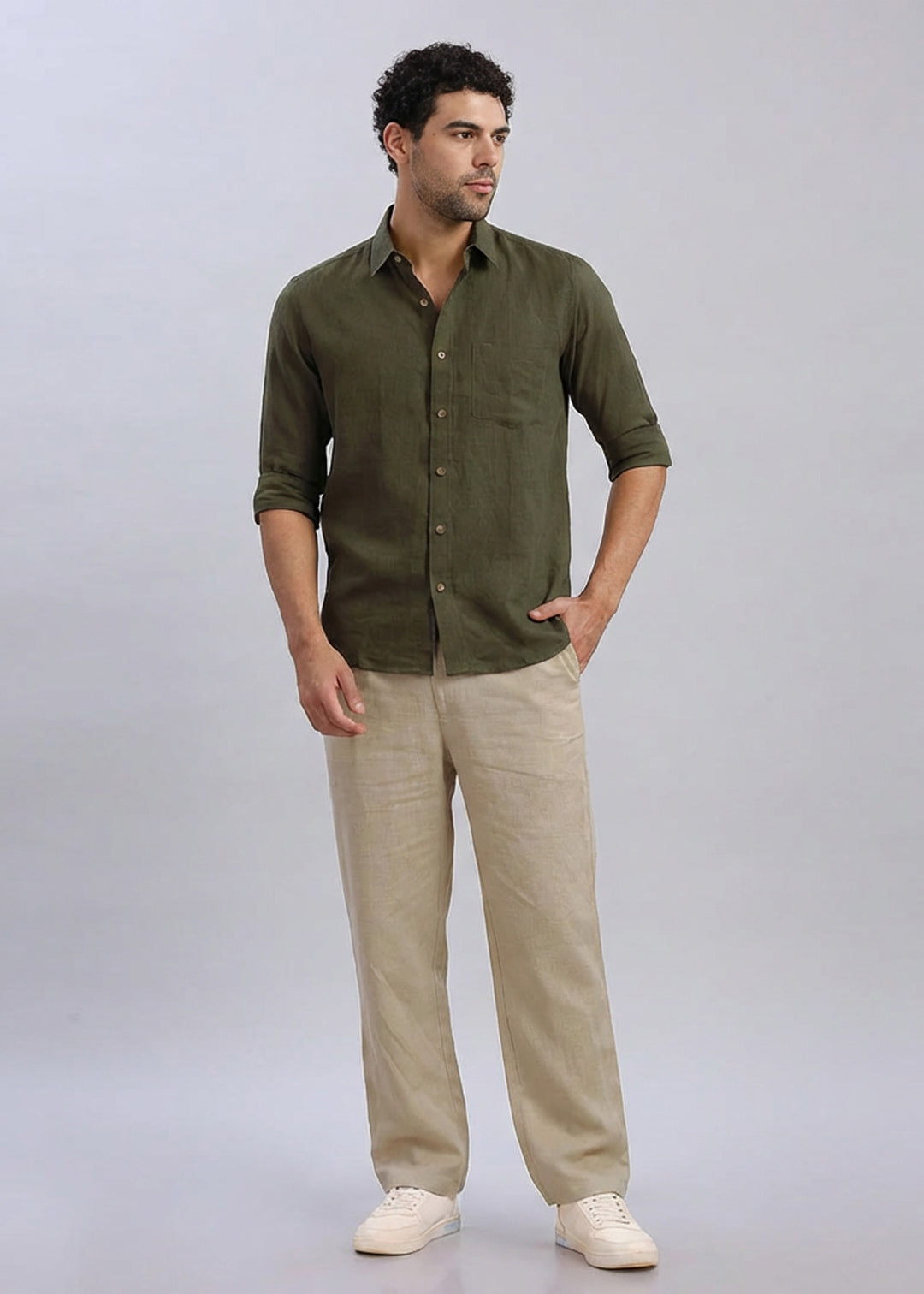 Moss Linen Set - Harvey Full Sleeve Shirt Moss Green and Breeze Ecru Trousers