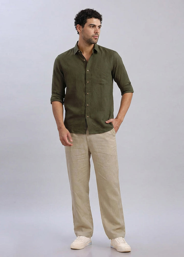 Moss Linen Set - Harvey Full Sleeve Shirt Moss Green and Breeze Ecru Trousers
