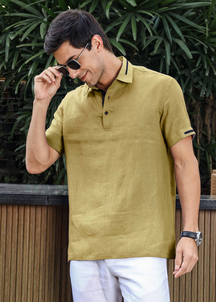 Jack - Pure Linen Polo T-Shirt - Golden Olive Green