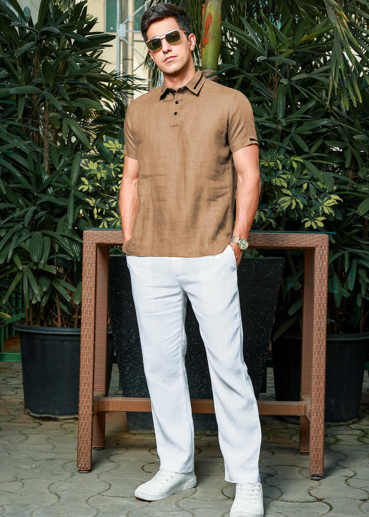 Jack - Pure Linen Polo T-Shirt - Oakwood Brown