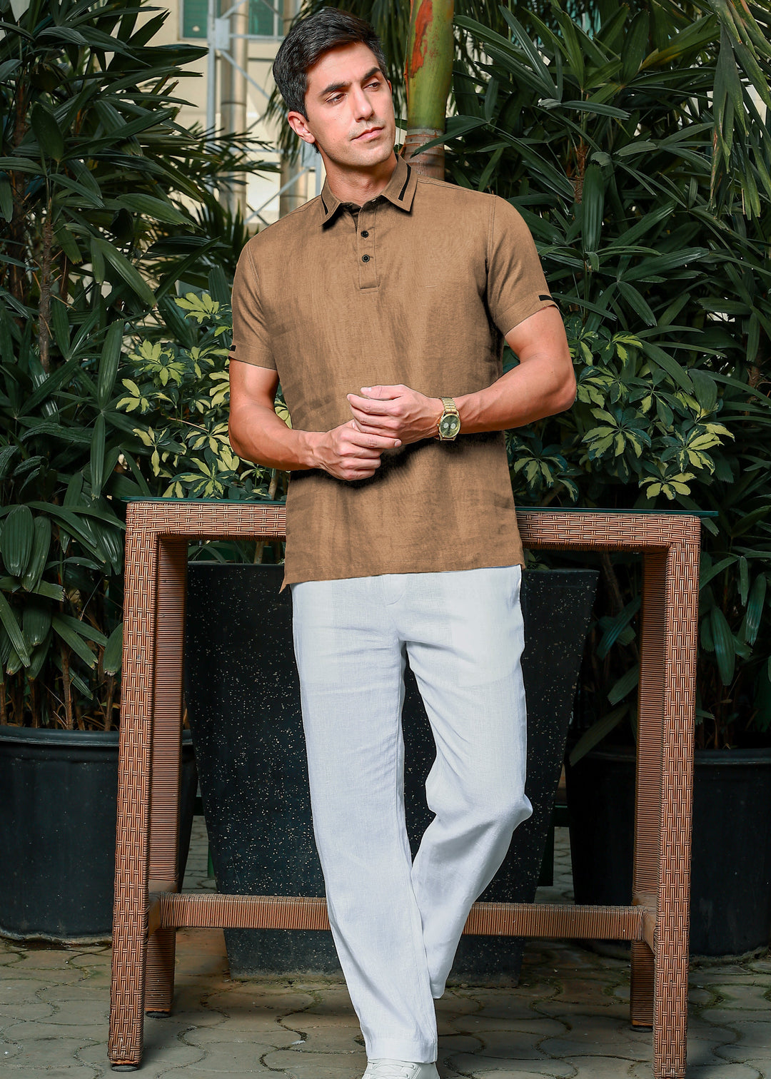 Jack - Pure Linen Polo T-Shirt - Oakwood Brown