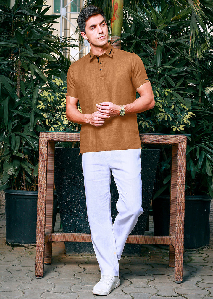 Jack 100% Pure Linen Polo Shirt in Mustard Brown with Refined Placket crafted in 60 LEA