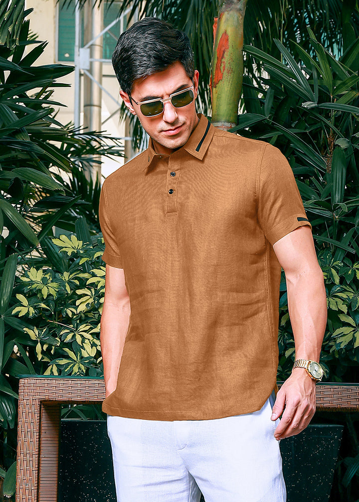 Jack 100% Pure Linen Polo Shirt in Mustard Brown with Refined Placket crafted in 60 LEA