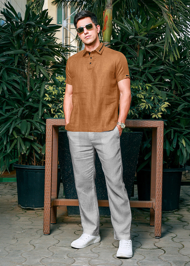 Jack 100% Pure Linen Polo Shirt in Mustard Brown with Refined Placket crafted in 60 LEA