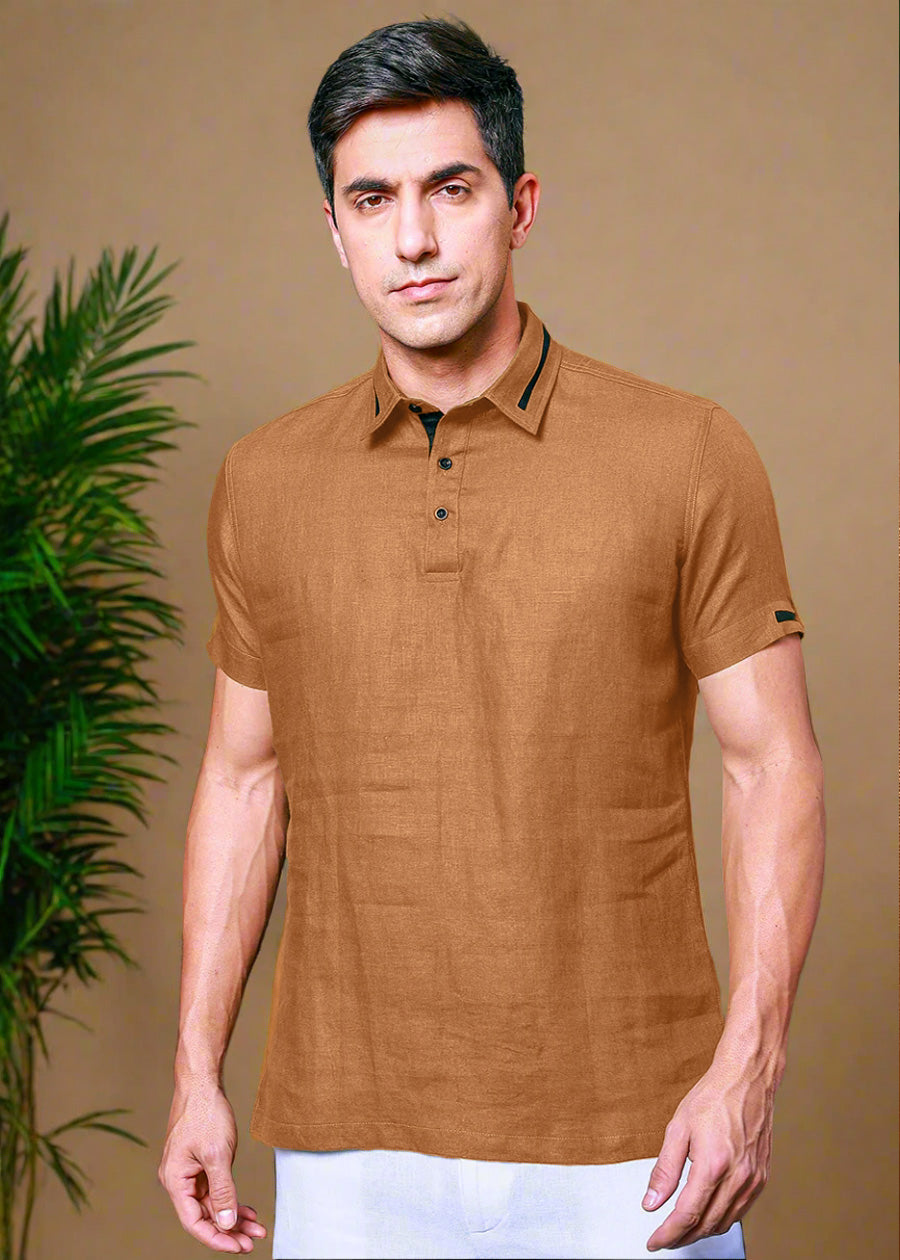 Jack 100% Pure Linen Polo Shirt in Mustard Brown with Refined Placket crafted in 60 LEA
