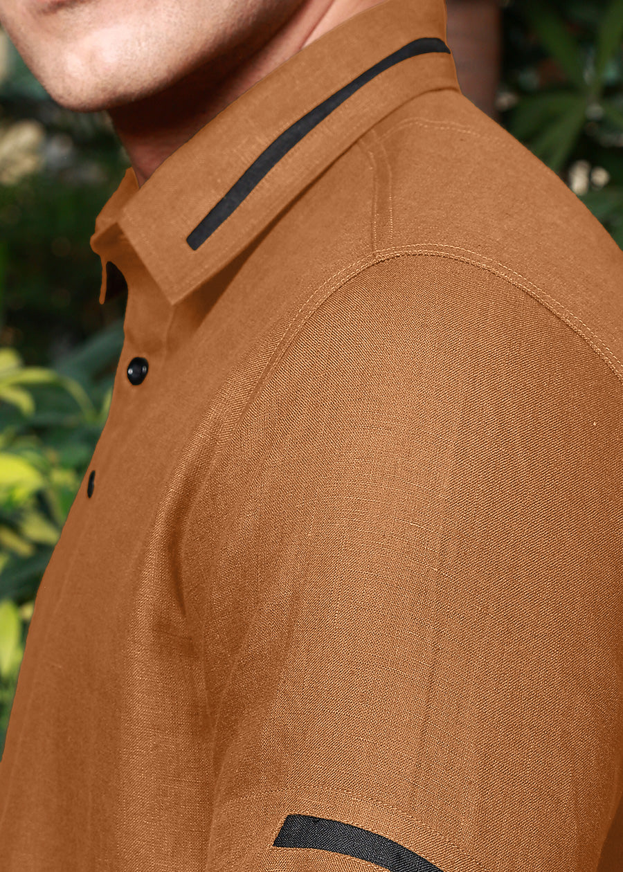Jack 100% Pure Linen Polo Shirt in Mustard Brown with Refined Placket crafted in 60 LEA