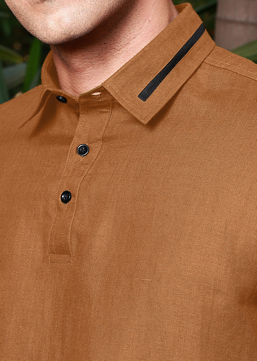 Jack 100% Pure Linen Polo Shirt in Mustard Brown with Refined Placket crafted in 60 LEA