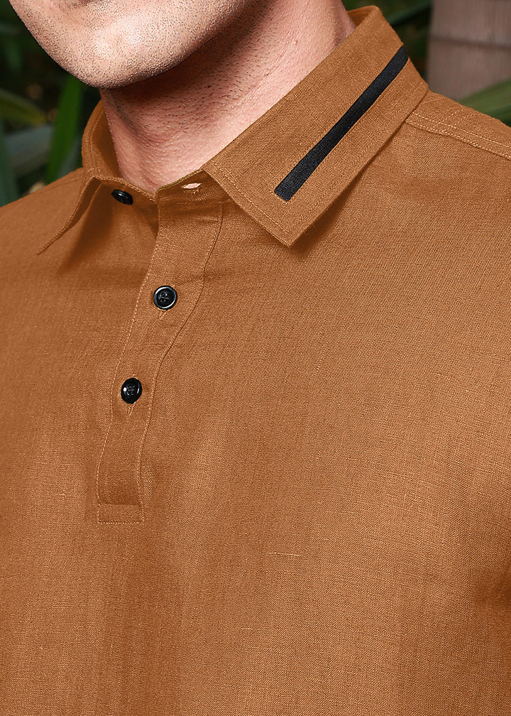 Jack 100% Pure Linen Polo Shirt in Mustard Brown with Refined Placket crafted in 60 LEA