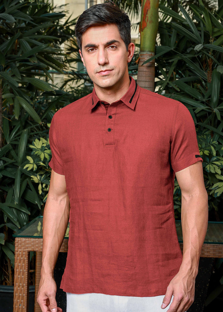 Jack - Pure Linen Polo T-Shirt - Terracotta Red