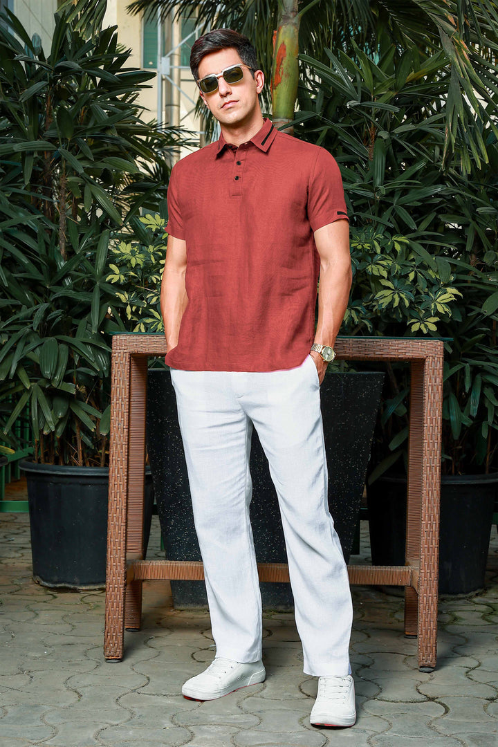 Jack - Pure Linen Polo T-Shirt - Terracotta Red