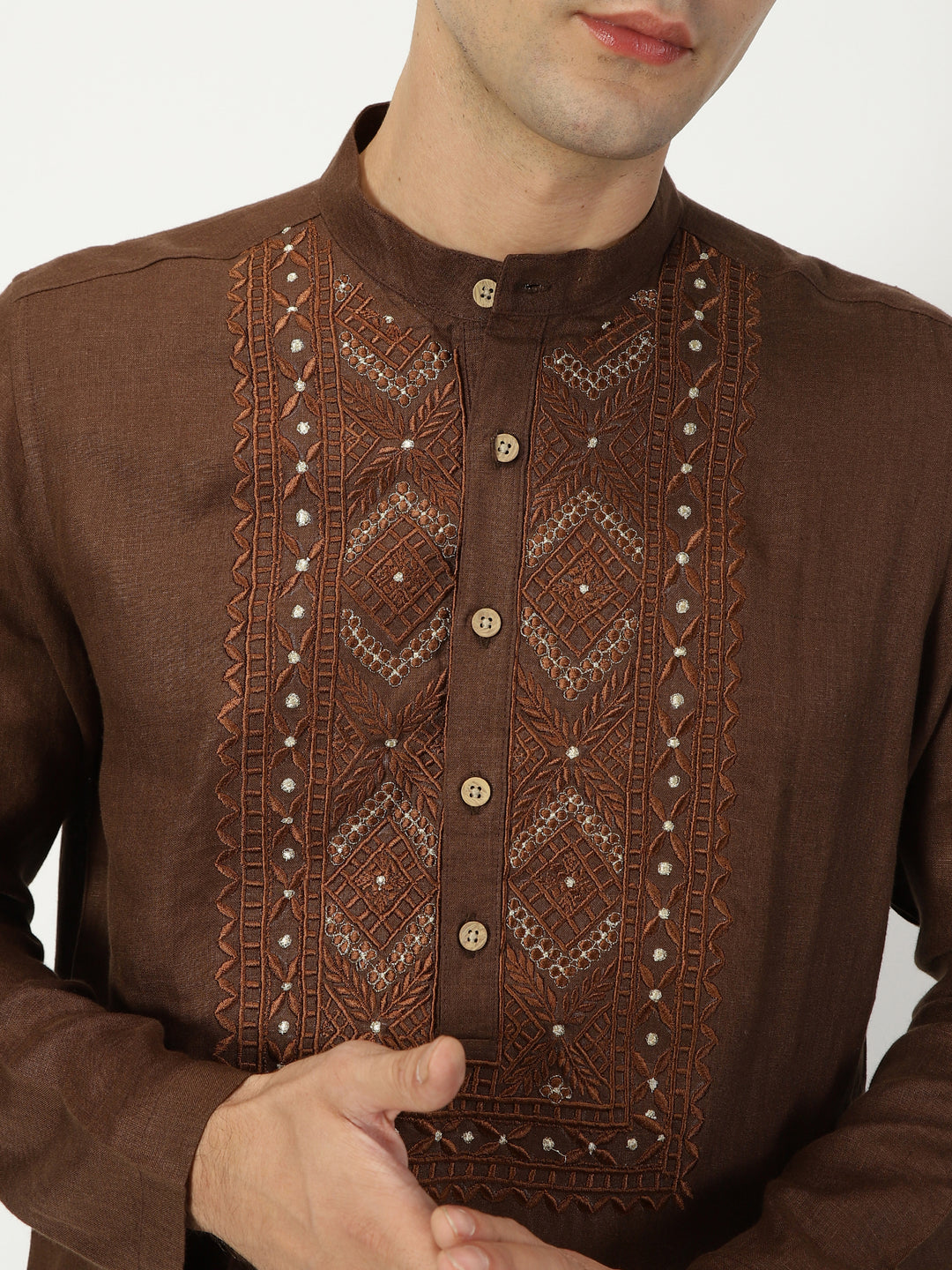 Jashn Kurta Sets - Embroidered Pure Linen Long Kurta | Coffee Brown