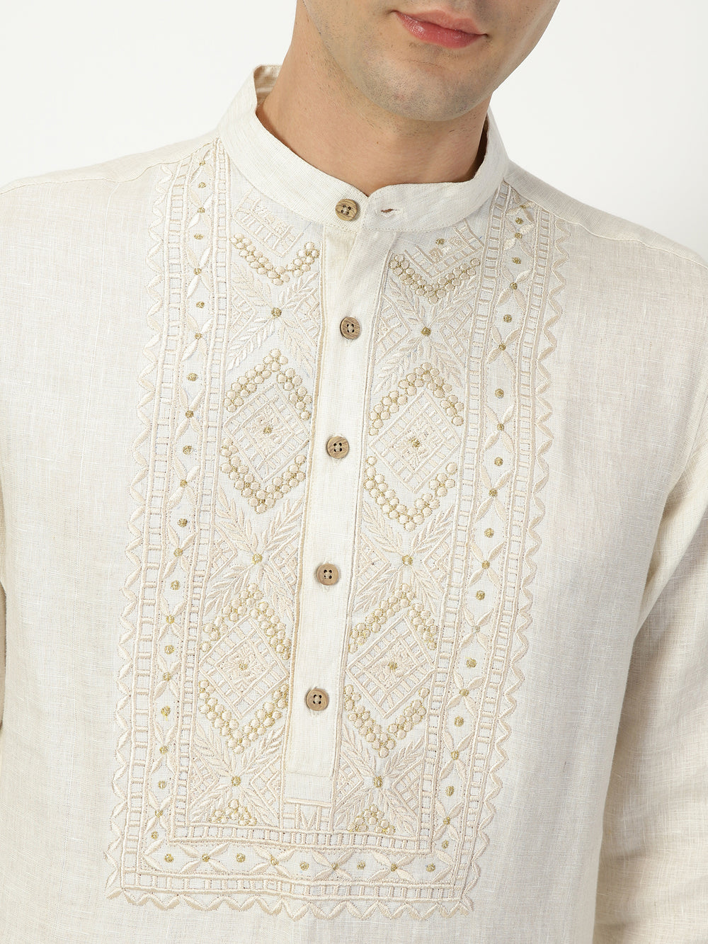 Jashn - Embroidered Pure Linen Long Kurta | Ecru