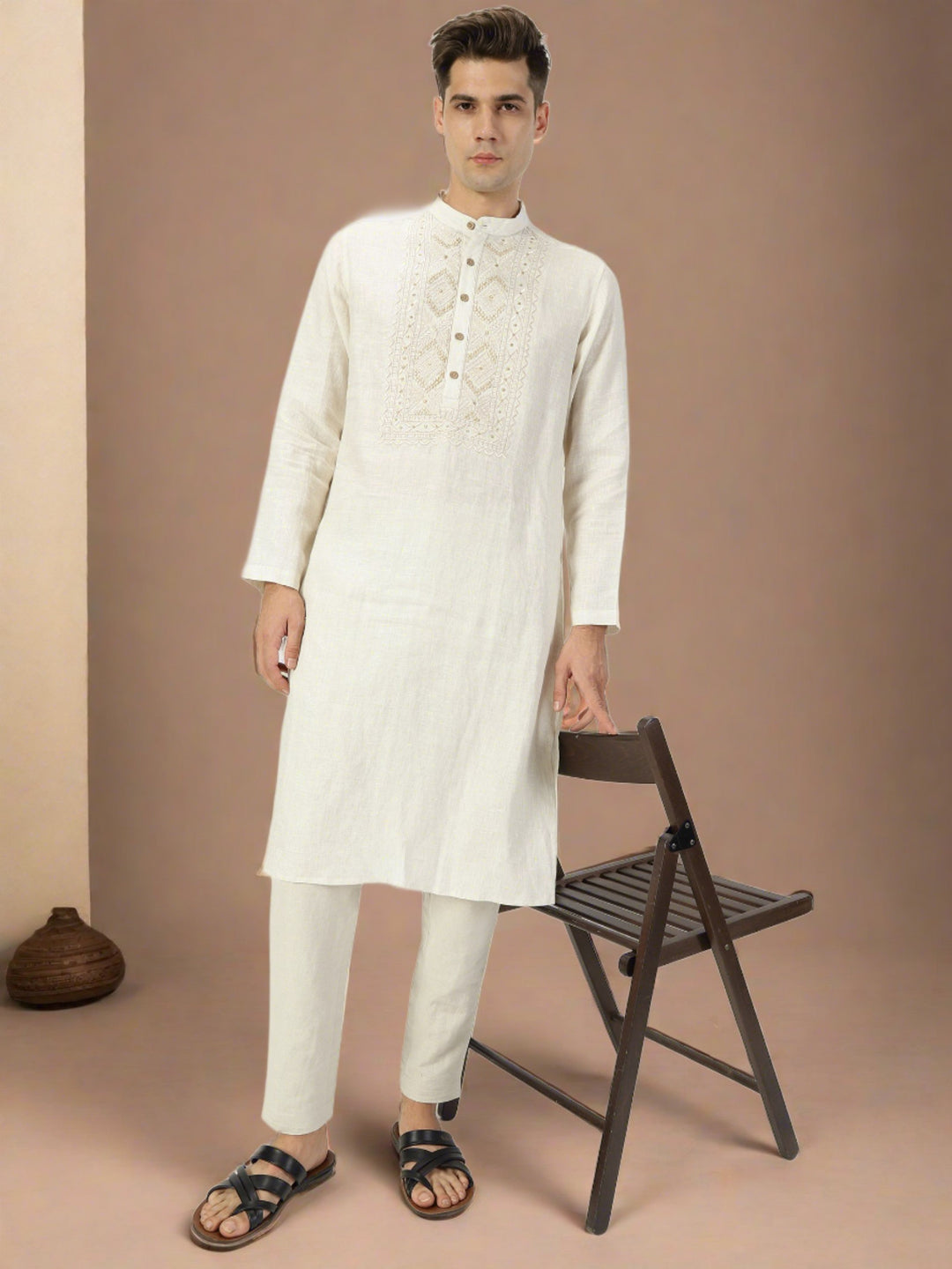 Jashn Kurta Sets - Embroidered Pure Linen Long Kurta | Ecru
