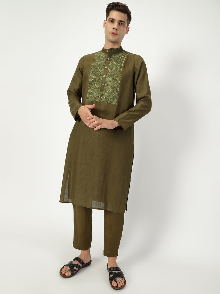Jashn Kurta Sets - Embroidered Pure Linen Long Kurta | Moss Green