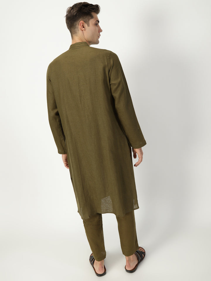 Jashn Kurta Sets - Embroidered Pure Linen Long Kurta | Moss Green