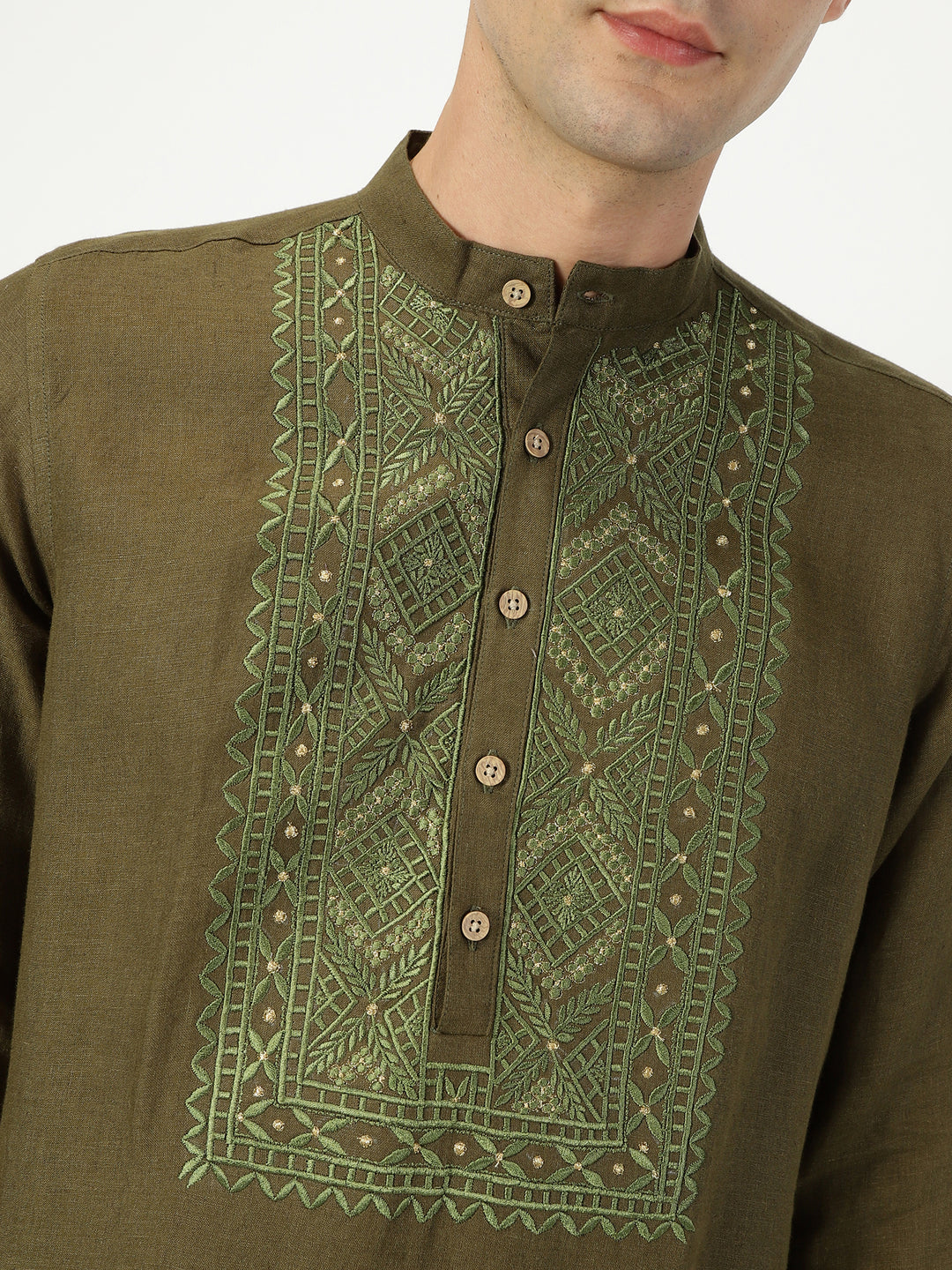 Jashn - Embroidered Pure Linen Long Kurta | Moss Green