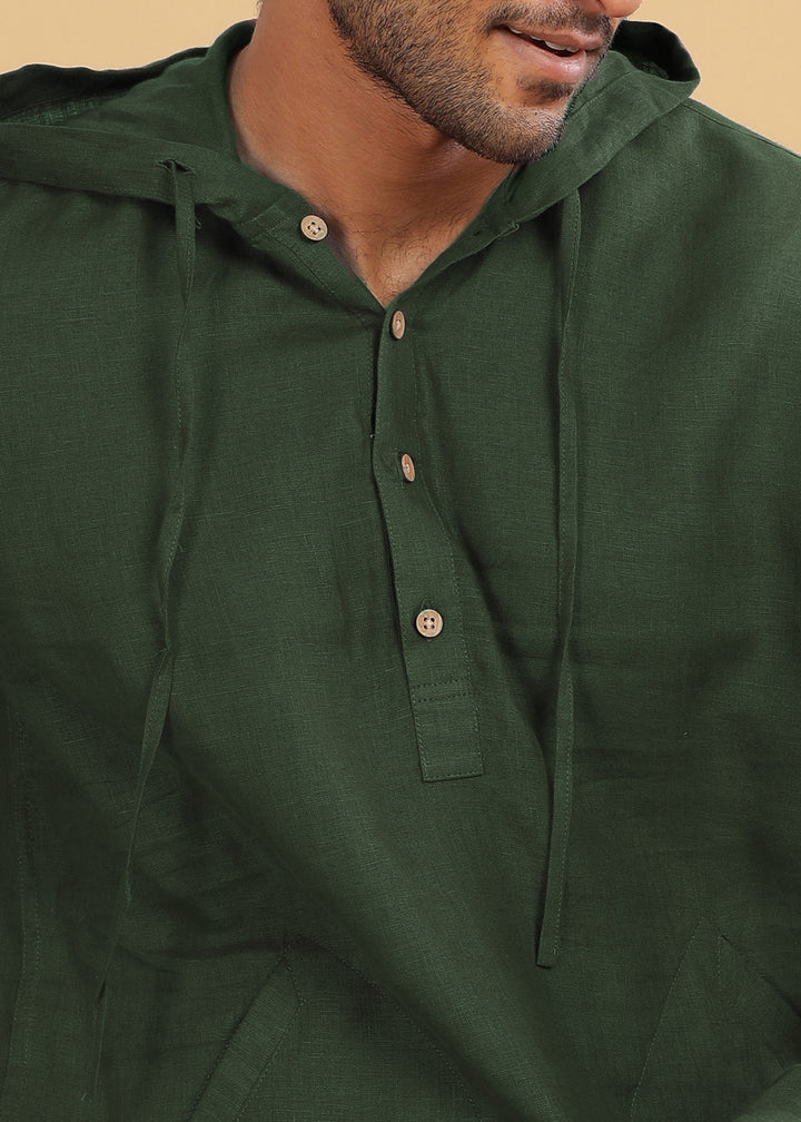 Jayden - Pure Linen Hoodie - Dark Fern Green