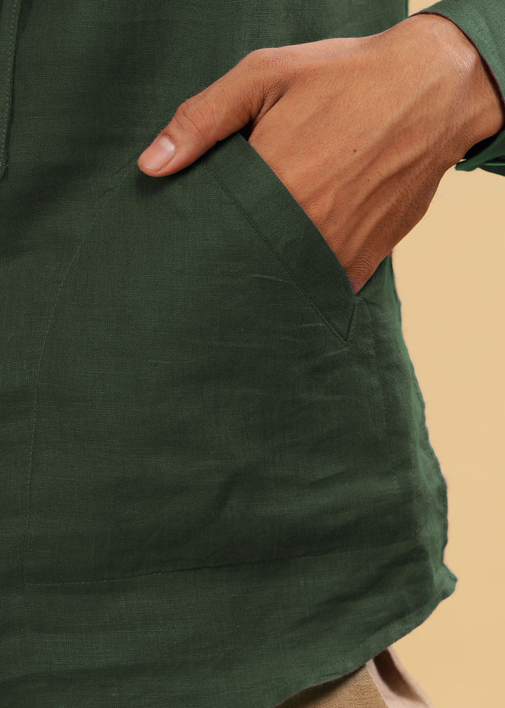 Jayden - Pure Linen Hoodie - Dark Fern Green