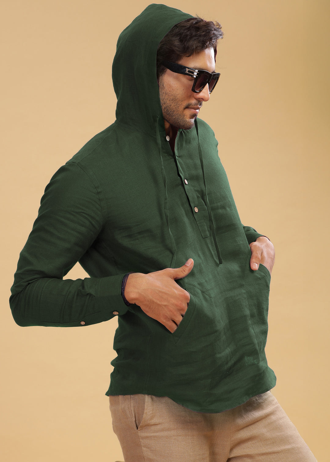 Jayden - Pure Linen Hoodie - Dark Fern Green