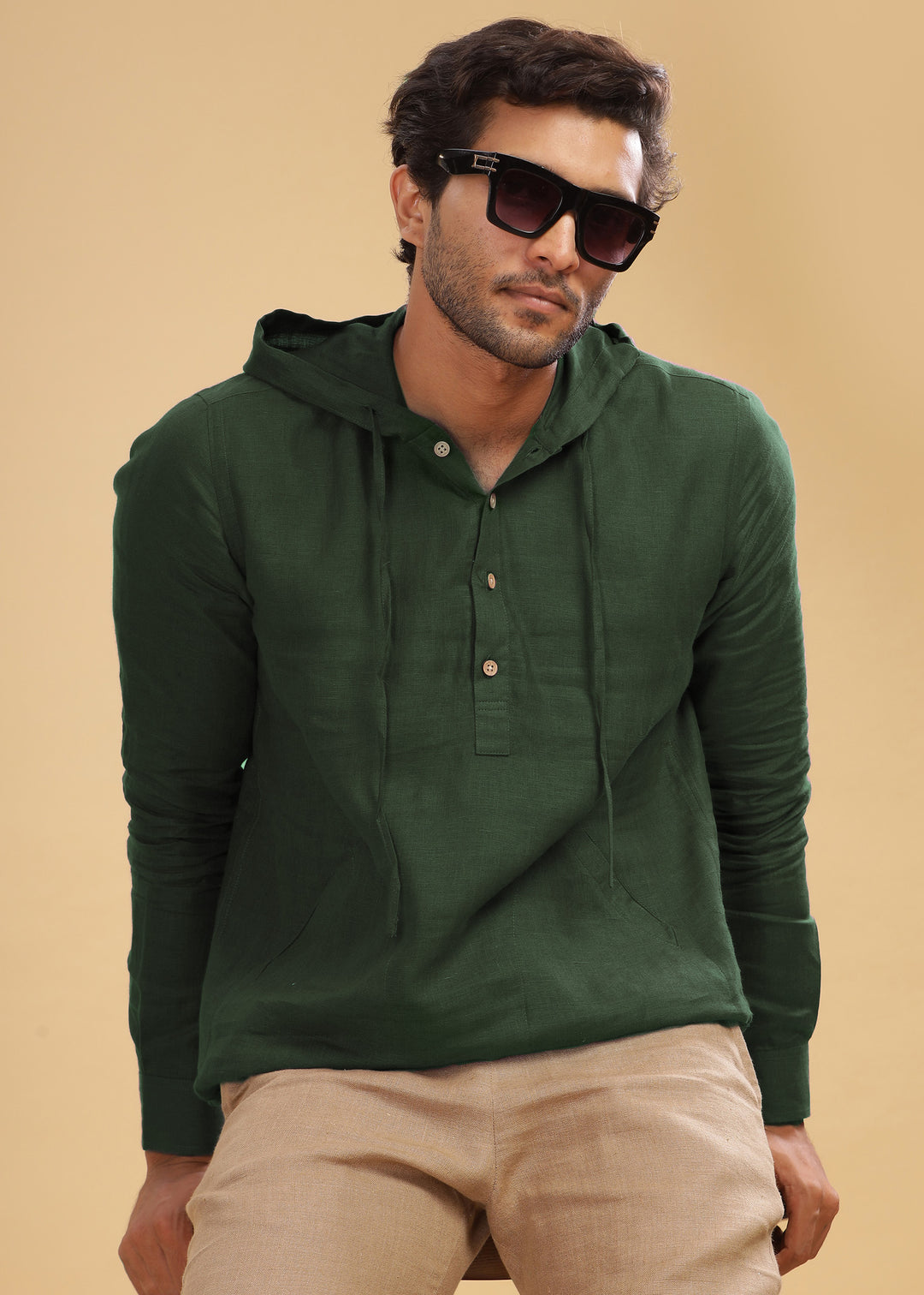 Jayden - Pure Linen Hoodie - Dark Fern Green